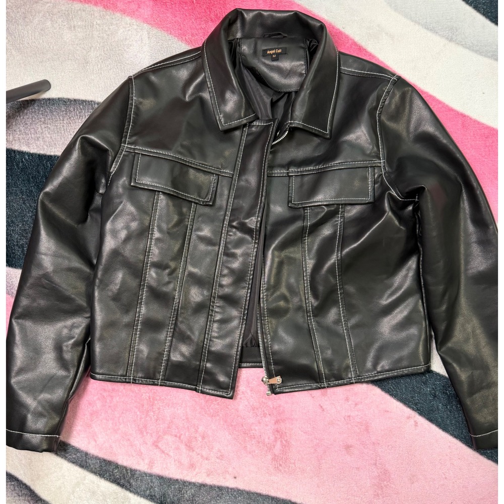 Angel Cult Womens Black Faux Leather Jacket Contrast Stitch Zip Up Medium